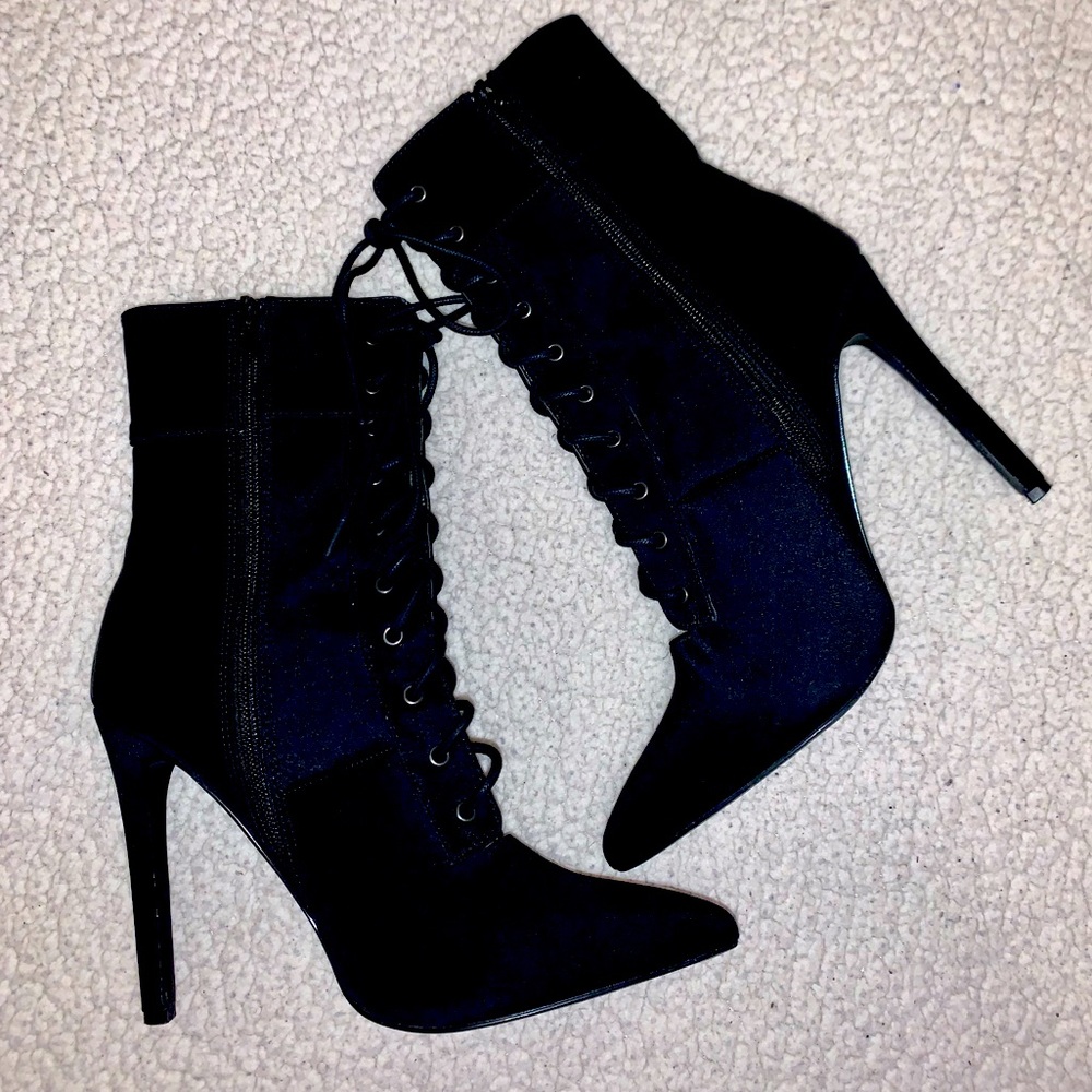 Olivia and Jaymes Black Pointed Toe High Heel Ankle Booties Lace-Up Tie